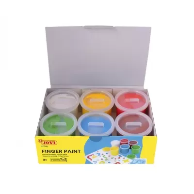 Conjunto de seis tintas para dedo JOVI em recipientes plásticos coloridos numa caixa aberta