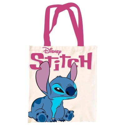 Mala de tecido creme com estampa do Stitch da Disney e alças rosa