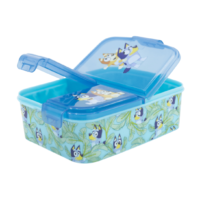 Caixa de plástico azul com personagens animados e decoração de folhas verdes