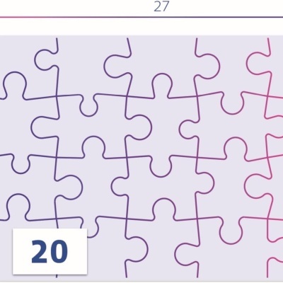 Peças de puzzle em tons púrpura e rosa com número 20 azul numa etiqueta branca e dimensões 27x19