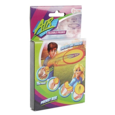 Embalagem de frisbee dobrável colorida com ilustrações e texto explicativo