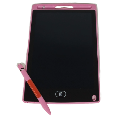 Quadro digital de escrita rosa com ecrã preto e caneta cor-de-rosa