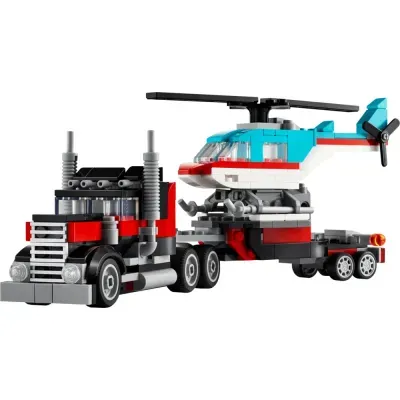 Brinquedo de construção de camião com reboque e helicóptero em peças tipo LEGO
