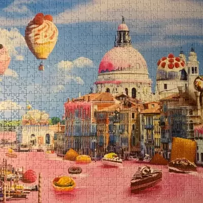 Puzzle com cena de cidade, balões de ar quente e cúpula rosa