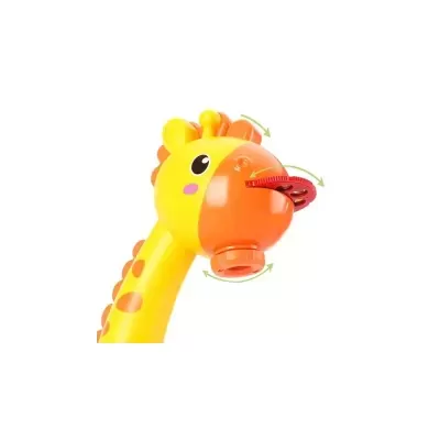 Brinquedo amarelo e laranja em forma de girafa com partes móveis