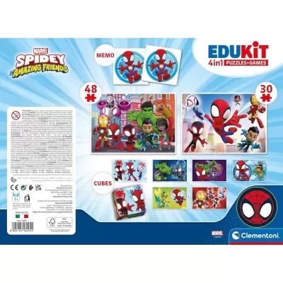 Embalagem traseira do Edukit 4in1 Marvel Spidey with Amazing Friends com puzzles, memo e cubes coloridos.