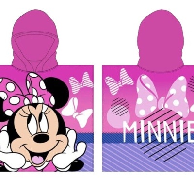 Poncho infantil rosa e lilás com capuz e estampa da Minnie Mouse