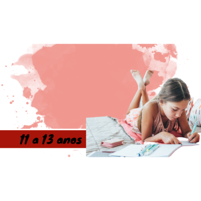 Rapariga a escrever num caderno com texto 11 a 13 anos no fundo
