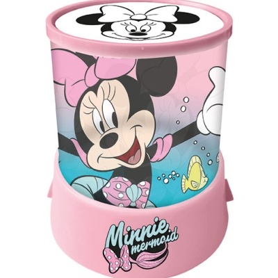 Lata rosa com imagem de Minnie Nadadora e texto Minnie mermaid
