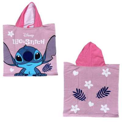 Toalha com capuz rosa, estampado Stitch Disney, flores e folhas brancas e azuis