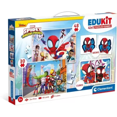 Caixa jogo EDUKIT 4in1 PUZZLES+GAMES Spider-Man Marvel com personagens animados.