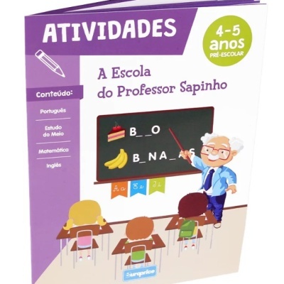 Livro de atividades para crianças de 4 a 5 anos pré-escolar com ilustração de professor e crianças na sala de aula
