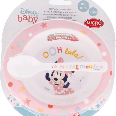 Conjunto de talheres Disney Baby para bebé com prato e colher rosa e branco, imagem Minnie Mouse