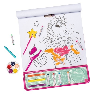 Conjunto de material para colorir com desenho de unicórnio e acessórios coloridos