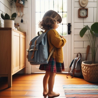 Mochila azul clara em criança com decoração interior branca e chão de madeira