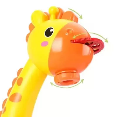 Brinquedo girafa de plástico amarelo e laranja com mecanismo vermelho