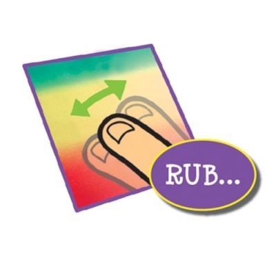 Dedo a esfregar cartão colorido com seta verde e texto RUB