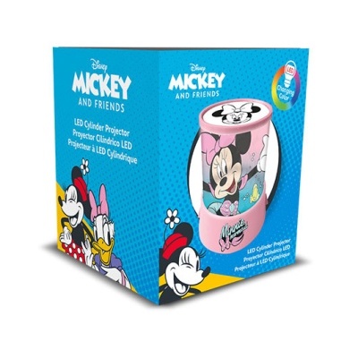 Caixa azul com projetor cilíndrico rosa Disney Minnie Mouse e ilustrações dos personagens Mickey, Minnie e Margarida