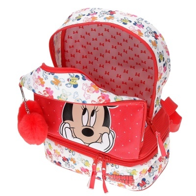 Mochila infantil branca e vermelha com estampa da Minnie Mouse e chaveiro de pompom vermelho