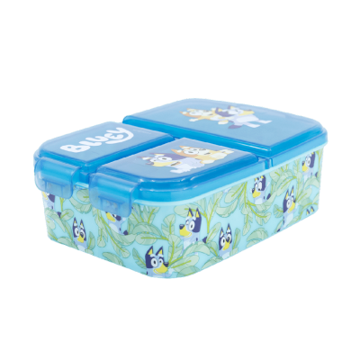 Lancharira azul de plástico com personagens de desenho animado e texto 'Bluey'