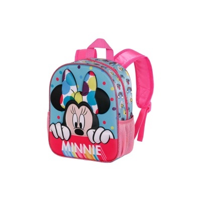 Mochila infantil da Minnie Mouse azul e rosa com laço colorido