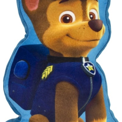 Almofada infantil formato personagem Chase da Patrulha Pata com uniforme azul e boné