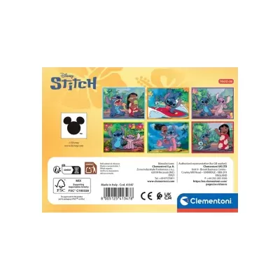 Parte traseira da embalagem de um puzzle Disney Stitch com imagens coloridas