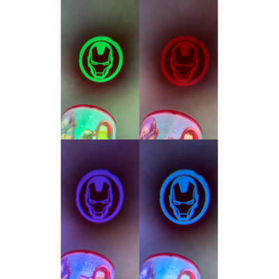 Botões iluminados coloridos com ícone de rosto de Homem de Ferro