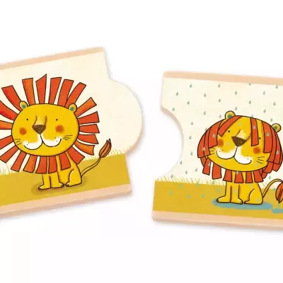 Peças de puzzle de madeira com ilustração de leões coloridos.