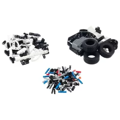 Peças para montagem de brinquedo de construção em várias cores e rodas pretas