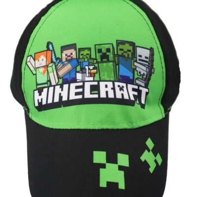 Boné verde e preto com personagens e logo Minecraft.
