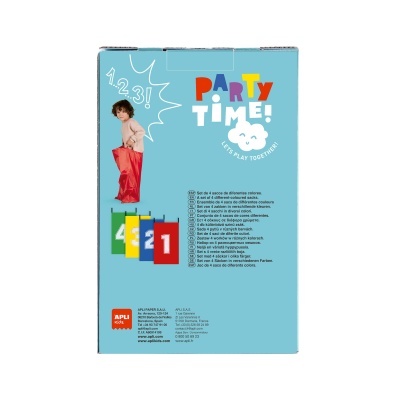 Embalagem azul Party Time com criança e sacos de pular coloridos numerados