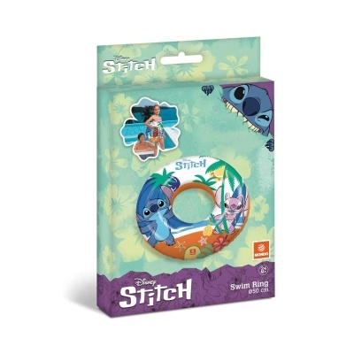 Anel insuflável para natação Disney Stitch em embalagem verde com flores tropicais.