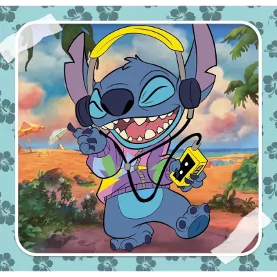 Ilustração colorida de personagem azul com auscultadores e leitor de cassetes na praia