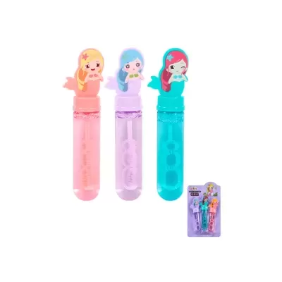 Três tubos coloridos para bolhas de sabão com tampas de sereias e embalagem