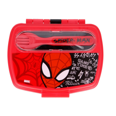 Estojo vermelho para lanche com imagem do Homem-Aranha e talher com texto SPIDER-MAN