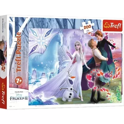 Caixa de puzzle Trefl Frozen II 200 peças com personagens Elsa, Olaf, Kristoff e Anna.