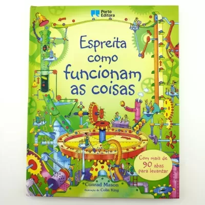 Capa de livro infantil verde com engrenagens coloridas e texto em português