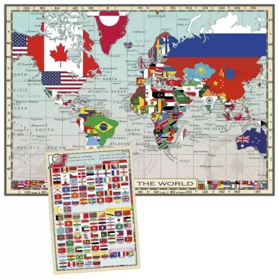 Mapa-mundo com países em bandeiras, quadro adicional com bandeiras pequenas