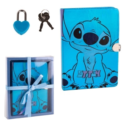 Conjunto de caderno com capa Stitch azul e cadeado em forma de coração azul com chaves