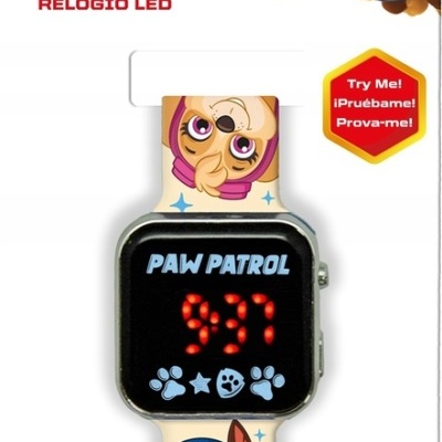 Relógio LED infantil PAW Patrol com pulseira decorada e embalagem colorida