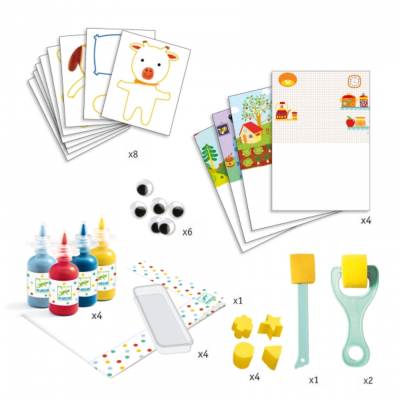 Conjunto de pintura e impressão com frascos coloridos, cartões ilustrados, olhos móveis, carimbos de formas e aplicadores de esponja