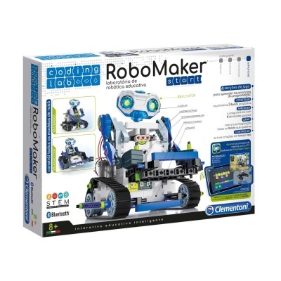 Conjunto educativo RoboMaker Start da Clementoni com robô de montar e texto na embalagem.
