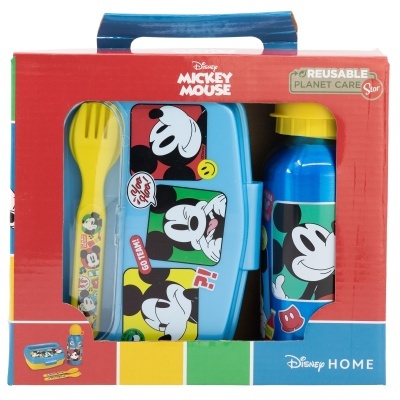 Conjunto Disney Mickey Mouse com caixa de almoço, garrafa e talheres em embalagem colorida