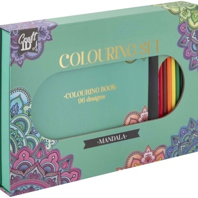 conjunto de coloração com livro de mandalas e lápis de cor