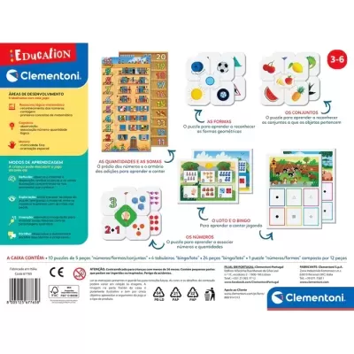 Embalagem de jogo educativo Clementoni com puzzles de formas e números para crianças 3-6 anos
