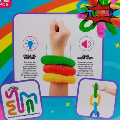 Embala de brinquedos sensoriais tubos flexíveis coloridos com texto em inglês e fundo azul com arco-íris