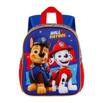 Mochila infantil azul com personagens Paw Patrol e texto 'ROLL WITH PATROL'