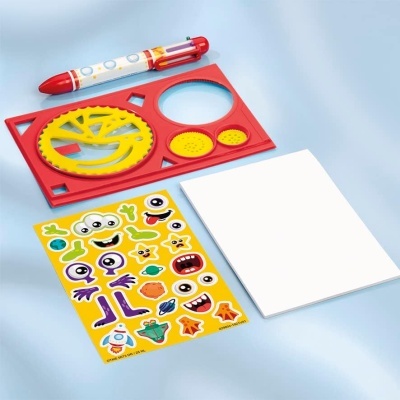 Conjunto de brinquedo para desenhar com estêncil, caneta, papel e autocolantes coloridos com monstros