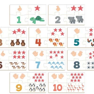 Puzzles pequenos numerados de 1 a 10 com estrelas, mãos numeradas e animais diferentes em fundo branco.